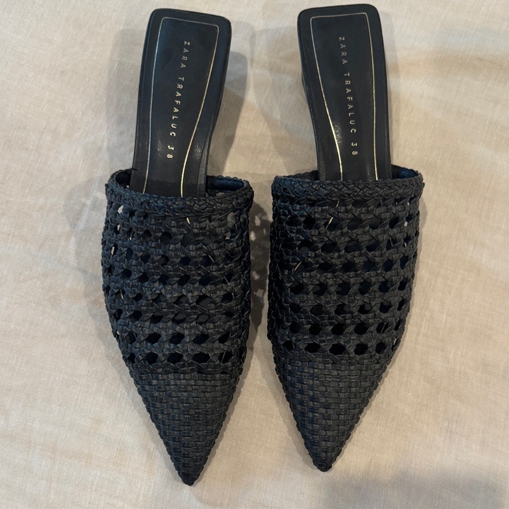 Zara Black Woven Pointed-Toe Mules